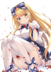 Rule 34 | 1girl, aqua eyes, bed sheet, blonde hair, blouse, blue bow, blue footwear, blue skirt, blush, bow, breasts, closed mouth, collared shirt, commentary request, dress shirt, emu alice, frilled skirt, frills, garter straps, gomano rio, hair bow, hands up, heart, high heels, highres, knees up, liver city, long hair, medium breasts, official art, petals, puffy short sleeves, puffy sleeves, shirt, shoes, short sleeves, sitting, skirt, smile, solo, striped bow, striped clothes, striped skirt, suspender skirt, suspenders, thighhighs, vertical-striped clothes, vertical-striped skirt, very long hair, white background, white shirt, white thighhighs, wrist cuffs