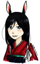 Rule 34 | 00s, 1girl, animal ears, animal nose, black hair, blue eyes, dated, hakama, hakama skirt, japanese clothes, jasminverde, looking at viewer, open mouth, shinohara natsuki, simple background, skirt, smile, solo, summer wars, upper body, white background