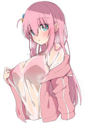 Rule 34 | 1girl, blue eyes, blush, bocchi the rock!, bra, bra visible through clothes, breasts, commentary request, cube hair ornament, gotoh hitori, hair ornament, highres, jacket, large breasts, long hair, mel (melty pot), open clothes, open jacket, pink bra, pink hair, pink jacket, see-through, see-through shirt, shirt, solo, steaming body, sweat, track jacket, underwear, unzipped, wet, wet clothes, wet shirt