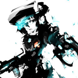 Rule 34 | 1girl, gun, monochrome, parted lips, solo, spot color, weapon, white background, wistar!a