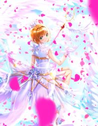 Rule 34 | 1girl, blurry, blurry foreground, blush, brown hair, cardcaptor sakura, closed mouth, commentary request, crown, crystal, depth of field, dress, feathered wings, feathers, fuuin no tsue, gloves, green eyes, hand up, highres, kinomoto sakura, looking at viewer, looking back, mini crown, petals, see-through, sitting, sleeveless, sleeveless dress, smile, solo, swordsouls, white dress, white feathers, white gloves, white wings, wings