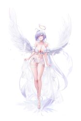 Rule 34 | 1girl, absurdres, ahoge, angel, bare shoulders, bikini, breasts, cleavage, detached sleeves, dora (garyeong), feathered wings, full body, hair between eyes, hair intakes, halo, high heels, highres, holding, holding towel, large breasts, legs together, long hair, looking at viewer, low ponytail, navel, open mouth, original, purple eyes, red lips, short sleeves, sidelocks, simple background, solo, stomach, swimsuit, teeth, thick thighs, thigh gap, thighs, towel, white background, white bikini, white footwear, white hair, white sleeves, white towel, white wings, wings