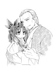 Rule 34 | 1boy, 1girl, aged down, bow, carrying, child, child carry, cropped torso, curtained hair, facial hair, fate/grand order, fate (series), fatherly, greyscale, hair bow, hair slicked back, haori, haretaka, holding, holding sword, holding weapon, ishtar (fate), japanese clothes, katana, kimono, looking at another, looking at object, monochrome, old, old man, sheath, sheathed, short hair, simple background, smile, space ishtar (fate), space ishtar (first ascension) (fate), stubble, sword, twintails, weapon, white background, yagyuu munenori (fate)