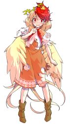 Rule 34 | 1girl, alphes (style), animal, animal on head, bandages, bird, bird tail, blonde hair, blush, boots, brown footwear, chick, commentary request, dairi, dress, feathered wings, full body, hand up, highres, looking at viewer, multicolored hair, niwatari kutaka, on head, open mouth, orange dress, parody, puffy short sleeves, puffy sleeves, red eyes, red hair, red neckwear, scrape, shirt, short hair, short sleeves, solo, standing, straight-on, style parody, tachi-e, tail, tears, torn clothes, torn dress, torn shirt, touhou, transparent background, two-tone hair, white shirt, wings