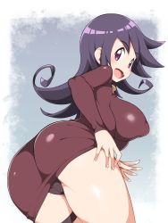 Rule 34 | 1girl, ass, breasts, curly hair, duel masters, highres, large breasts, medium hair, open mouth, purple eyes, purple hair, solo, tasogare mimi, thick thighs, thighs, zootan