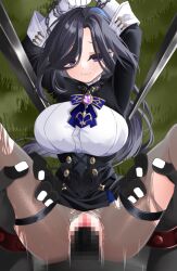Rule 34 | 1boy, 1girl, arms up, black hair, black pantyhose, black skin, black skirt, blue bow, bound, bound wrists, bow, breasts, brooch, captured, censored, chain, clenched teeth, clorinde (genshin impact), clothed female nude male, colored skin, defeat, dot nose, fingernails, genshin impact, gloves, grass, hetero, hilichurl (genshin impact), interspecies, jewelry, large breasts, leg grab, long hair, looking at viewer, miniskirt, missionary, monster, mosaic censoring, motion lines, nude, pantyhose, penis, purple eyes, pussy, raised eyebrows, rape, restrained, sex, size difference, skirt, spread legs, sula (s ra760), teeth, thighlet, torn clothes, torn pantyhose, vaginal, white gloves, white nails