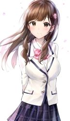 Rule 34 | 1girl, arms behind back, blazer, blue skirt, blush, bow, bowtie, brown eyes, brown hair, character request, dress shirt, floating hair, flower, hair flower, hair ornament, highres, idolmaster, idolmaster cinderella girls, jacket, long hair, looking at viewer, mole, mole under mouth, pink bow, pink flower, pleated skirt, school uniform, shirt, simple background, skirt, smile, solo, standing, striped bow, striped bowtie, striped clothes, striped neckwear, takeashiro, white background, white jacket, white shirt
