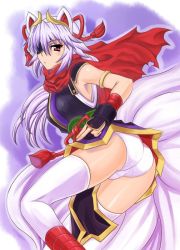 Rule 34 | 1girl, animal ears, armlet, ass, blush, bracer, eyepatch, fox ears, fox tail, gradient background, horns, japanese clothes, kuon (shinrabanshou), long hair, looking at viewer, multiple tails, panties, red eyes, scarf, shinrabanshou, silver hair, solo, tail, tonbidou, underwear, white legwear, white panties