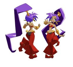 Rule 34 | 1girl, arm at side, ass, blue eyes, bracer, breasts, character sheet, earrings, eyelashes, eyes visible through hair, full body, harem pants, highres, hoop earrings, jewelry, leg up, long hair, looking at viewer, multiple views, navel, official art, pants, ponytail, purple hair, shantae, shantae (series), shantae and the seven sirens, simple background, smile, stomach, tiara, trigger (company), very long hair, white background