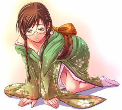 Rule 34 | all fours, braid, brown eyes, brown hair, clala, e20, glasses, japanese clothes, kimono, quiz magic academy, socks, solo, twin braids, twintails, yellow eyes