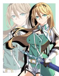 Rule 34 | 1girl, belt, black gloves, blonde hair, blue eyes, border, braid, breasts, buttons, cleavage, commentary request, contrapposto, crown braid, eiyuu densetsu, elaine auclair, elbow gloves, gloves, green background, highres, holding, holding sword, holding weapon, kuro no kiseki, large breasts, long hair, looking at viewer, nyuusai, shorts, simple background, solo, sword, weapon, white border, white gloves, white shorts, zoom layer