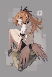 Rule 34 | 1girl, absurdres, arknights, black buruma, blush, buruma, commentary, eighth note, feather hair, feathers, flats, gym shirt, gym uniform, highres, long hair, looking at viewer, looking back, mole, mole under eye, multiple tails, musical note, orange hair, orange pupils, pinecone (arknights), ponytail, rock, shirt, sitting, solo, spoken musical note, tail, togekk0