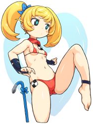 Rule 34 | 1girl, bachera, bare shoulders, barefoot, bikini, black eyes, blonde hair, blue bow, blue pupils, blush stickers, bow, breasts, closed mouth, collar, copyright request, crowbar, detached collar, gluteal fold, hair bow, highres, looking away, navel, red bikini, red collar, small breasts, solo, standing, standing on one leg, swimsuit, twintails, wing collar