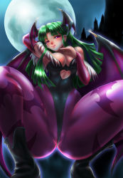 Rule 34 | 1girl, animal print, bare shoulders, bat print, bat wings, boken fantasy, boots, breasts, bridal gauntlets, capcom, cleavage, demon girl, elbow gloves, finger to own chin, full moon, gloves, green eyes, green hair, head wings, highres, large breasts, legs, leotard, long hair, matching hair/eyes, moon, morrigan aensland, pantyhose, pink eyes, print pantyhose, seductive smile, smile, solo, spread legs, squatting, thick thighs, thighs, tongue, tongue out, vampire (game), wings