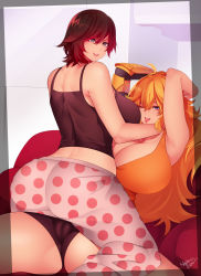 Rule 34 | 2girls, absurdres, ahoge, armpits, ass, back, bare shoulders, black hair, blonde hair, breasts, cameltoe, cleavage, cleft of venus, collarbone, gradient hair, highres, huge breasts, large breasts, long hair, looking at viewer, multicolored hair, multiple girls, nachocobana, pajamas, prosthesis, prosthetic arm, purple eyes, red hair, ruby rose, rwby, short hair, shorts, grey eyes, smile, tank top, thick thighs, thighs, tongue, tongue out, wink, yang xiao long