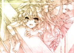 Rule 34 | 1girl, bad id, bad pixiv id, cheong ha, embodiment of scarlet devil, female focus, flandre scarlet, graphite (medium), hat, mixed media, monochrome, short hair, smile, solo, touhou, traditional media, wings, wrist cuffs