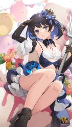 Rule 34 | 1girl, :o, arm up, armpits, balloon, bare legs, benghuai xueyuan, birthday, black footwear, black gloves, blue hair, breasts, cake, chest tattoo, detached sleeves, flower, food, fork, gloves, highres, holding, holding fork, honkai (series), logo, official art, pink flower, seele vollerei, short hair, small breasts, solo, tattoo, yellow flower