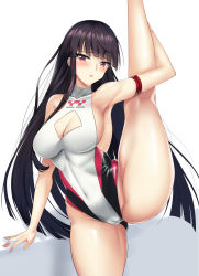 Rule 34 | 1girl, absurdres, black hair, breasts, cameltoe, cleavage cutout, clothing cutout, competition swimsuit, counter:side, cowboy shot, elze (s01047480836), highleg, highleg swimsuit, highres, large breasts, long hair, looking at viewer, official alternate costume, one-piece swimsuit, red eyes, solo, split, standing, standing on one leg, standing split, swimsuit, white background, yen xing lanchester