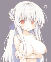 Rule 34 | 1girl, :t, arm under breasts, azur lane, bare arms, blue ribbon, blush, braid, breast hold, breasts, cleavage, closed mouth, collarbone, commentary request, cygnet (azur lane), eyebrows hidden by hair, grey background, hair between eyes, hair bun, hair censor, hair over breasts, hair over one breast, hair ribbon, large breasts, long hair, looking at viewer, nipples, nude, red eyes, ribbon, sakurato ototo shizuku, side bun, simple background, single hair bun, single side bun, solo, tears, upper body, very long hair, white hair