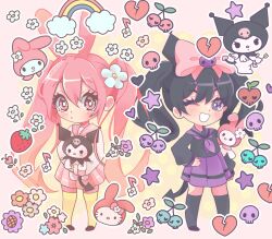 Rule 34 | 2girls, :&lt;, animal ears, black hair, blush, bow, character doll, chibi, commentary request, flower, food, fruit, full body, grin, hair bow, hair flower, hair ornament, hand on own hip, hello kitty, hello kitty (character), holding, holding stuffed toy, isosceless, kuromi, long hair, long sleeves, looking at viewer, multiple girls, my melody, one eye closed, onegai my melody, pink eyes, pink hair, pleated skirt, purple eyes, rabbit ears, rabbit girl, sanrio, school uniform, serafuku, skirt, skull, smile, spanish commentary, star (symbol), strawberry, stuffed toy, thighhighs, twintails, very long hair
