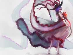 Rule 34 | 1girl, adapted costume, alternate costume, arm up, artist name, barefoot, blue hair, charimei, dress, feet, female focus, frilled dress, frills, full body, hair ribbon, hat, hat ribbon, highres, looking at viewer, nagae iku, parted lips, pink dress, purple hair, red eyes, ribbon, shawl, short hair, simple background, smile, solo, tiptoes, touhou, water