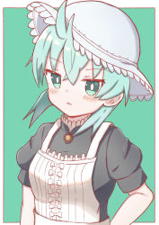 Rule 34 | 1girl, apron, aqua hair, black shirt, blue hat, blush, commentary request, frilled apron, frills, green background, green eyes, hair between eyes, hat, highres, kemono friends, looking at viewer, parted lips, puffy short sleeves, puffy sleeves, shirt, short sleeves, solo, sunanuko (ramuneko), tsuchinoko (kemono friends), two-tone background, upper body, white apron, white background