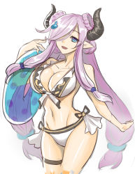 Rule 34 | 10s, 1girl, :d, bikini, blue eyes, breasts, cleavage, collarbone, cowboy shot, draph, frilled bikini, frills, granblue fantasy, groin, hair ornament, hair over one eye, horns, innertube, jonylaser, large breasts, light purple hair, long hair, looking at viewer, low-tied long hair, low twintails, narmaya (granblue fantasy), narmaya (summer) (granblue fantasy), navel, open mouth, pointy ears, sidelocks, smile, solo, stomach, swim ring, swimsuit, thigh strap, twintails, very long hair, white background, white bikini