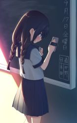 Rule 34 | 1girl, black sailor collar, black skirt, blue eyes, blush, board eraser, braid, chalkboard, commentary request, feet out of frame, from behind, hair between eyes, hands up, highres, holding, indoors, long hair, low twintails, na-ga, original, pleated skirt, profile, sailor collar, school uniform, serafuku, shirt, short sleeves, skirt, solo, standing, sunset, translation request, twin braids, twintails, white shirt