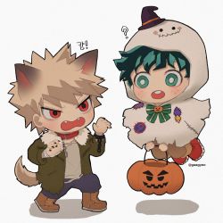 Rule 34 | 2boys, ?, bakugou katsuki, blonde hair, boku no hero academia, boots, bow, bright pupils, brown footwear, brown pants, bucket, chibi, claws, collar, commentary request, fangs, floating, freckles, full body, fur-trimmed jacket, fur trim, gaagyeo, ghost costume, green bow, green eyes, green hair, green jacket, halloween, halloween bucket, halloween costume, highres, holding, holding bucket, hood, hood up, jacket, kemonomimi mode, korean commentary, long sleeves, looking at another, male focus, midoriya izuku, multiple boys, open clothes, open jacket, open mouth, pants, red collar, red eyes, shirt, shoes, short hair, simple background, spiked hair, standing, tail, twitter username, white background, white pupils, white shirt, wolf, wolf boy, wolf tail