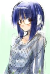 Rule 34 | 00s, 1girl, android, bespectacled, blue hair, blush, bob cut, breasts, brown eyes, casual, crimsongarden, from side, glasses, gradient background, green background, ilfa (to heart), long sleeves, looking at viewer, looking back, orange-framed eyewear, perky breasts, plaid, robot ears, short hair, short hair with long locks, sidelocks, sketch, small breasts, solo, sweater, to heart (series), to heart 2, upper body