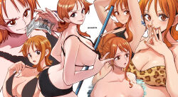 Rule 34 | 1girl, :o, :p, aosora2823, arm tattoo, bathing, bikini, black bra, black panties, bra, breasts, brown eyes, highres, holding, holding staff, large breasts, looking at viewer, money, multiple views, nami (one piece), one piece, orange hair, panties, short hair, staff, swimsuit, tattoo, tongue, tongue out, underwear, v-shaped eyebrows
