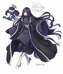 Rule 34 | black eyes, black hair, black robe, blue hair, boots, copyright name, head chain, highres, imelva (mountain of heaven), jewelry, long hair, looking at viewer, matsuki (mikipingpong), multicolored hair, necklace, pixiv fantasia, pixiv fantasia mountain of heaven, pointy ears, robe, simple background, solo, standing, streaked hair, tiara, white background, white footwear