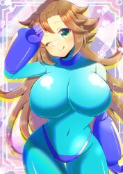 Rule 34 | 1girl, ;q, arm up, blue bodysuit, blush, bodysuit, breasts, brown hair, closed mouth, commentary request, commission, covered collarbone, covered erect nipples, gloves, green eyes, groin, head tilt, kou hiyoyo, large breasts, long hair, one eye closed, original, purple gloves, skeb commission, smile, solo, star (symbol), tongue, tongue out, very long hair