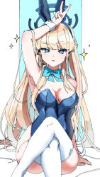 Rule 34 | 1girl, animal ear hairband, animal ears, ankaketomato, arm above head, arm over head, arm up, armpits, bare shoulders, blonde hair, blue archive, blue background, blue bow, blue bowtie, blue eyes, blue hair, blue hairband, blue halo, blue leotard, border, bow, bowtie, breasts, eyes visible through hair, fake animal ears, feet out of frame, hairband, halo, highres, leotard, looking at viewer, medium breasts, microphone, multicolored hair, official alternate costume, outside border, parted lips, rabbit ears, simple background, sitting, sketch, solo, sparkle, strapless, strapless leotard, streaked hair, thighhighs, toki (blue archive), toki (bunny) (blue archive), traditional bowtie, v, white border, white thighhighs, wrist cuffs