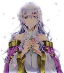 Rule 34 | bare shoulders, closed mouth, deirdre (fire emblem), dress, fire emblem, fire emblem: genealogy of the holy war, flower, holding, holding flower, long hair, long sleeves, nintendo, petals, purple eyes, purple hair, shimizu ren, simple background, solo, strapless, upper body, white background