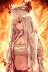 Rule 34 | 1girl, bow, breasts, cleavage, closed mouth, expressionless, fire, fujiwara no mokou, hair bow, highres, long hair, long sleeves, looking down, maho moco, navel, open clothes, open shirt, pants, red eyes, red pants, sarashi, shirt, small breasts, solo, stomach, suspenders, touhou, upper body, very long hair, white bow, white hair, white shirt, wing collar