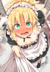 Rule 34 | 1girl, ahoge, alternate costume, apron, b-ginga, black footwear, blonde hair, blush, braid, breasts, cleavage, commentary request, detached collar, downblouse, dress, fate (series), green eyes, hair intakes, hand on own hip, highres, indoors, long hair, looking at viewer, maid, mordred (fate), mordred (fate/apocrypha), no bra, open mouth, ponytail, pov, puffy short sleeves, puffy sleeves, scrunchie, shirt grab, short sleeves, small breasts, steam, sweat