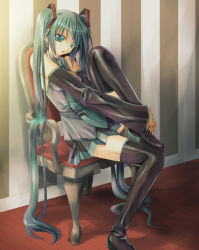 Rule 34 | 1girl, bad id, bad pixiv id, boots, chair, detached sleeves, female focus, green eyes, green hair, hatsune miku, hiyococo, hugging own legs, indoors, long hair, matching hair/eyes, necktie, sitting, skirt, solo, striped, thigh boots, thighhighs, twintails, very long hair, vocaloid