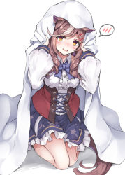 Rule 34 | 1girl, animal ears, bed sheet, blanket, blue skirt, blush, breasts, brown hair, center frills, commentary request, frilled skirt, frills, hair ornament, hairclip, hands up, horse ears, horse girl, horse tail, kneeling, long sleeves, looking at viewer, matikane tannhauser (umamusume), medium breasts, moeki yuuta, parted lips, puffy long sleeves, puffy sleeves, shirt, simple background, skirt, smile, solo, spoken blush, strapless, tail, umamusume, white background, white shirt, yellow eyes