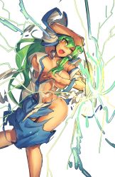 Rule 34 | 1girl, ;o, arm up, blush, breasts, detached sleeves, electricity, exploding clothes, frog, gohei, green hair, hair ornament, highres, japanese clothes, kochiya sanae, large breasts, long hair, melon22, miko, nontraditional miko, one eye closed, oonusa, open mouth, skirt, solo, torn clothes, touhou, yellow eyes