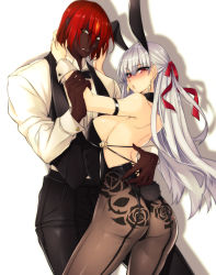 Rule 34 | 1boy, 1girl, alternate costume, animal ears, ashwatthama (fate), ass, bare shoulders, black pants, black pantyhose, blush, breasts, commentary request, dark-skinned male, dark skin, earrings, fake animal ears, fate/grand order, fate (series), floral print, formal, from behind, hair between eyes, hair ribbon, hatori mia, highres, jewelry, kama (fate), kama (second ascension) (fate), large breasts, leotard, long hair, long sleeves, looking at viewer, pants, pantyhose, playboy bunny, rabbit ears, rabbit tail, red eyes, red hair, red ribbon, ribbon, silver hair, simple background, tail, wrist cuffs, yellow eyes