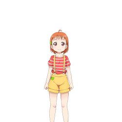 Rule 34 | 1girl, aged down, ahoge, artist request, child, clover hair ornament, hair ornament, looking at viewer, love live!, love live! school idol festival, love live! sunshine!!, official art, orange hair, red eyes, short hair, smile, solo, striped, takami chika, transparent background