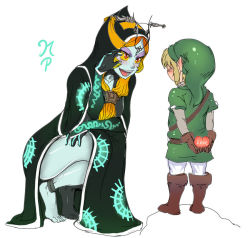 Rule 34 | 1boy, 1girl, age difference, anklet, barefoot, blonde hair, blush, boots, child, feet, gloves, grin, hat, heart, jewelry, link, maniacpaint, midna, midna (true), nintendo, orange hair, pointy ears, red eyes, smile, spoilers, squatting, the legend of zelda, the legend of zelda: twilight princess, thighs, toes