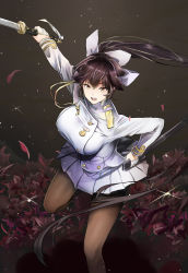 Rule 34 | 1girl, absurdres, azur lane, black background, bow, breasts, brown hair, floral background, glint, gloves, hair bow, highres, holding, holding sword, holding weapon, jeffrey10, katana, large breasts, leaning forward, leg up, long hair, long sleeves, looking at viewer, military, military uniform, outstretched arm, petals, pleated skirt, ponytail, sheath, skirt, solo, standing, standing on one leg, sword, takao (azur lane), tsurime, uniform, unsheathed, v-shaped eyebrows, very long hair, weapon, white bow, white gloves, white skirt, yellow eyes