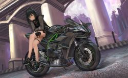 Rule 34 | 1girl, black hair, bridge, city, crossed legs, dutch angle, green eyes, holster, jacket, looking at viewer, motor vehicle, motorcycle, nihoshi (bipedal s), original, outdoors, short hair, sitting, solo, thigh holster, thigh strap, zipper