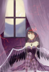 Rule 34 | 10s, 1girl, akemi homura, akuma homura, argyle, argyle clothes, argyle legwear, bad id, bad pixiv id, bare shoulders, black dress, black gloves, black hair, bow, choker, dress, elbow gloves, feathered wings, full moon, gloves, hair bow, highres, indoors, long hair, looking at viewer, mahou shoujo madoka magica, mahou shoujo madoka magica: hangyaku no monogatari, moon, playing with own hair, pota (harmony), purple eyes, sitting, solo, spoilers, wings