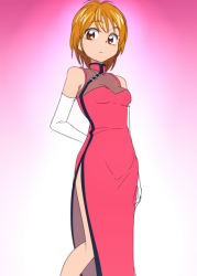 Rule 34 | 00s, 1girl, arm behind back, bare shoulders, brown eyes, brown hair, china dress, chinese clothes, dress, elbow gloves, futari wa precure, gloves, misumi nagisa, oimanji, precure, short hair, side slit, solo
