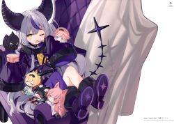 Rule 34 | 1girl, absurdres, ahoge, ankle cuffs, boots, character doll, couch, crow (la+ darknesss), demon horns, full body, grey hair, hakui koyori, highres, holding, holding spoon, hololive, holox, horns, jacket, kazama iroha, la+ darknesss, long hair, long sleeves, looking at viewer, mishima kurone, multicolored hair, on couch, open mouth, pantyhose, purple hair, purple jacket, purple pantyhose, sakamata chloe, scan, single leg pantyhose, sitting, sleeves past fingers, sleeves past wrists, solo, spoon, streaked hair, tail, takane lui, very long hair, virtual youtuber, yellow eyes