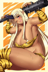 Rule 34 | 1girl, animal print, arms up, bare shoulders, bikini, black nails, blonde hair, breasts, collarbone, commentary, crossed legs, dark-skinned female, dark skin, detached sleeves, english commentary, front-tie top, holding, holding weapon, horns, invisible chair, lindaroze, long hair, looking at viewer, monster girl, monster musume no iru nichijou, nail polish, one eye closed, open mouth, patreon username, pointy ears, red eyes, single horn, sitting, smile, solo, strapless, strapless bikini, sweat, swimsuit, thick thighs, thighs, tiger print, tionishia, twitter username, watermark, weapon, web address, yellow bikini