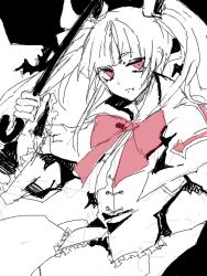 Rule 34 | 1girl, arc system works, aya (min412), blazblue, bow, long hair, monochrome, rachel alucard, red bow, red eyes, solo, spot color, tegaki, twintails